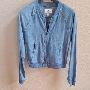 American Eagle Outfitters Chambray  Blue Denim Bomber Jacket, Size:XS
